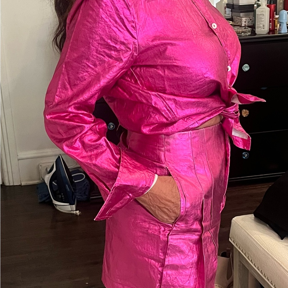 Vibrant Pink metallic Blouse and Short Set
